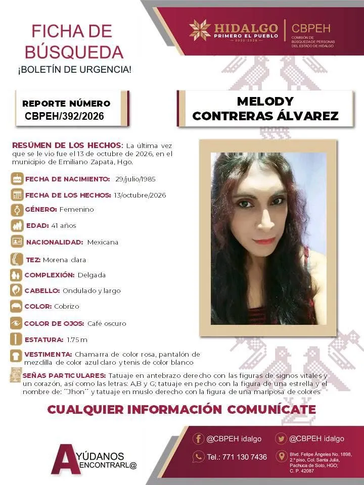 Buscan a Melody Contreras Álvarez, de 41 años, desaparecida en Emiliano Zapata