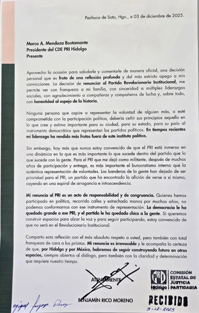 Benjamín Rico dice adiós al PRI y promete construir desde otros espacios
