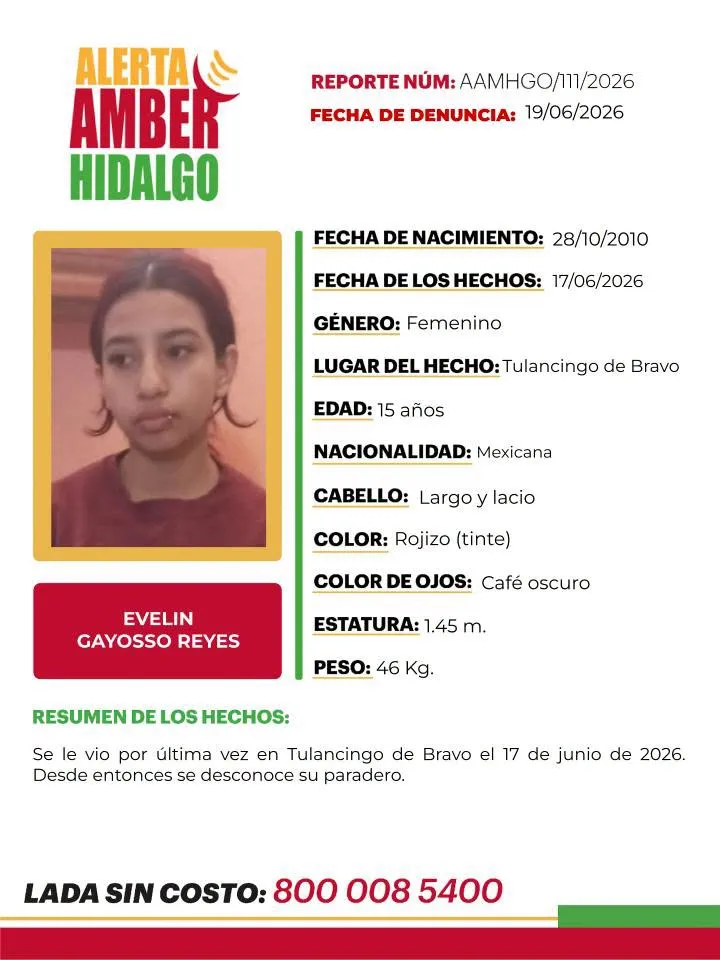 Alerta Amber Hidalgo: Buscan a Evelin Gayosso Reyes; desapareció en Tulancingo de Bravo