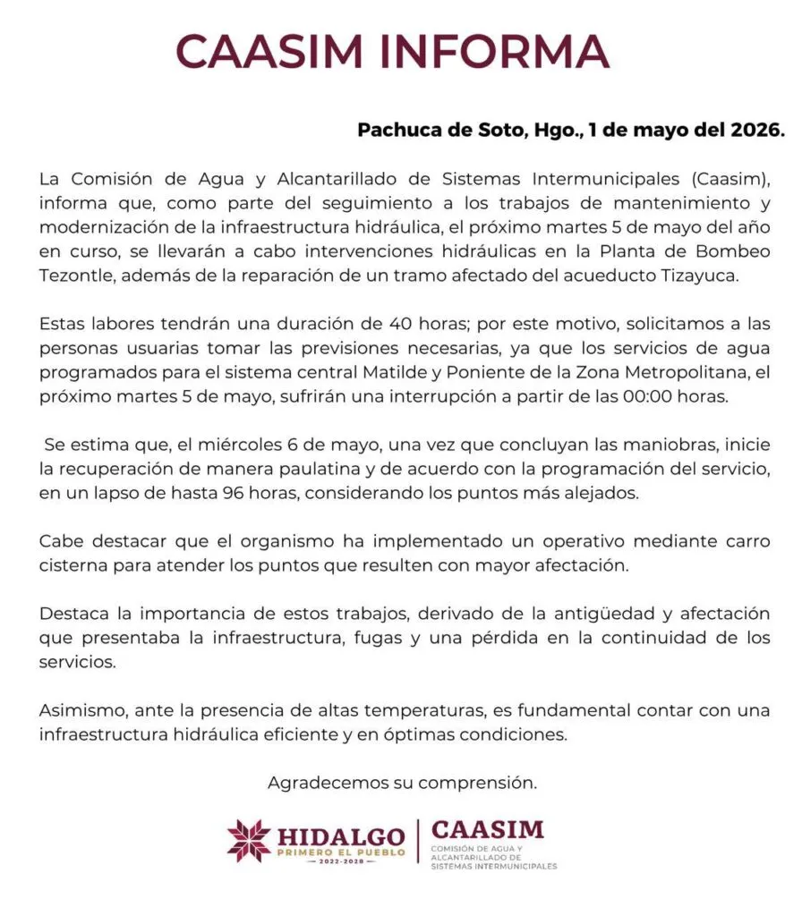 ¡Toma previsiones! Caasim anuncia corte de agua en Pachuca y Zona Metropolitana