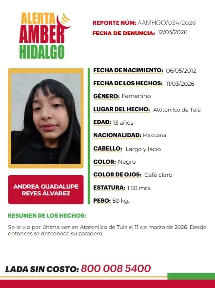 Alerta Amber: Se busca a Andrea Guadalupe Reyes Álvarez de 13 años, desapareció en Atotonilco