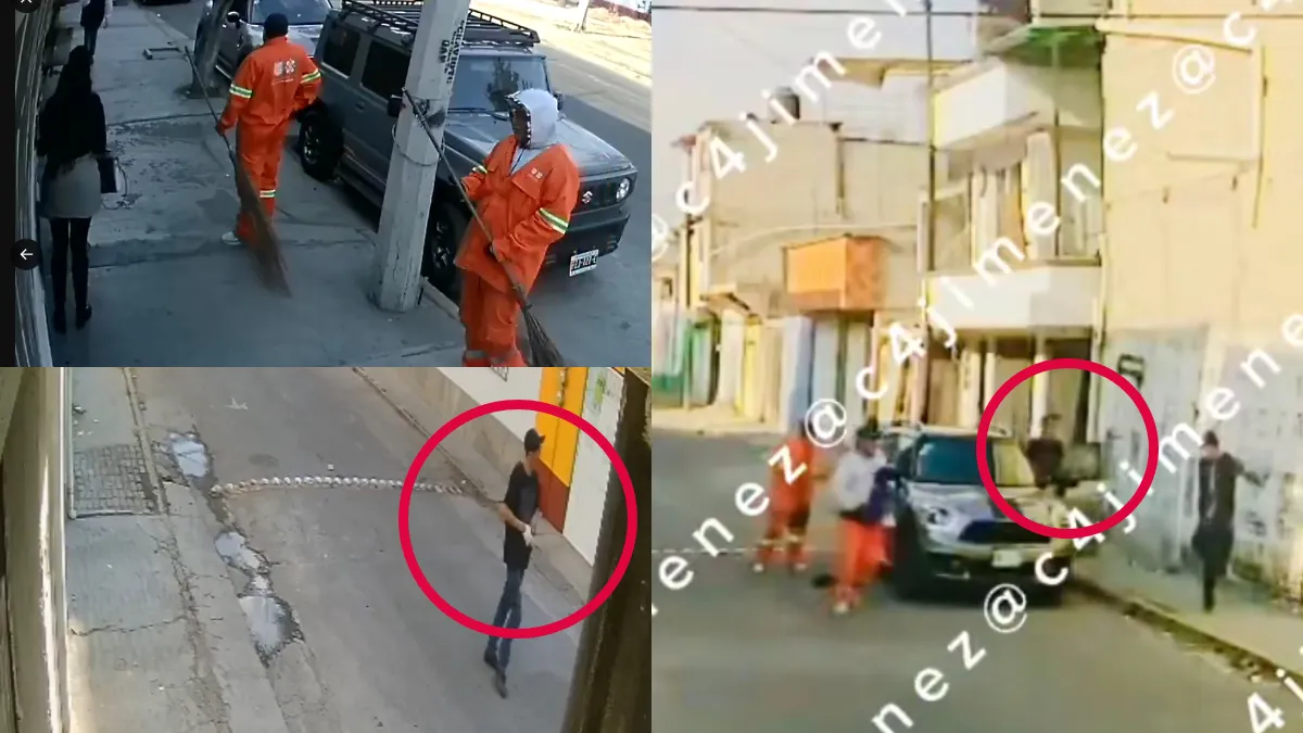 Nuevos videos revelan a los asaltantes disfrazados de barrenderos escapando y limpiando el vehículo con guantes.