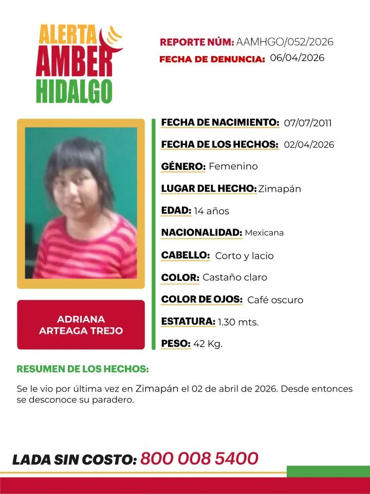 Alerta Amber Hidalgo: Buscan a Adriana Arteaga Trejo, desaparecida en Zimapán
