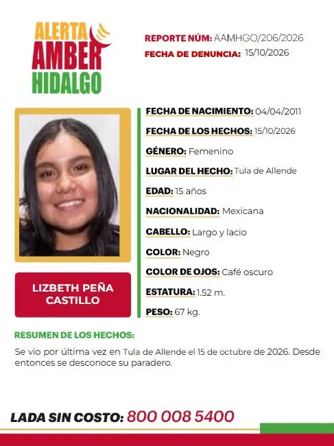 Alerta Amber Hidalgo: Buscan a Lizbeth Peña Castillo, desaparecida en Tula de Allende