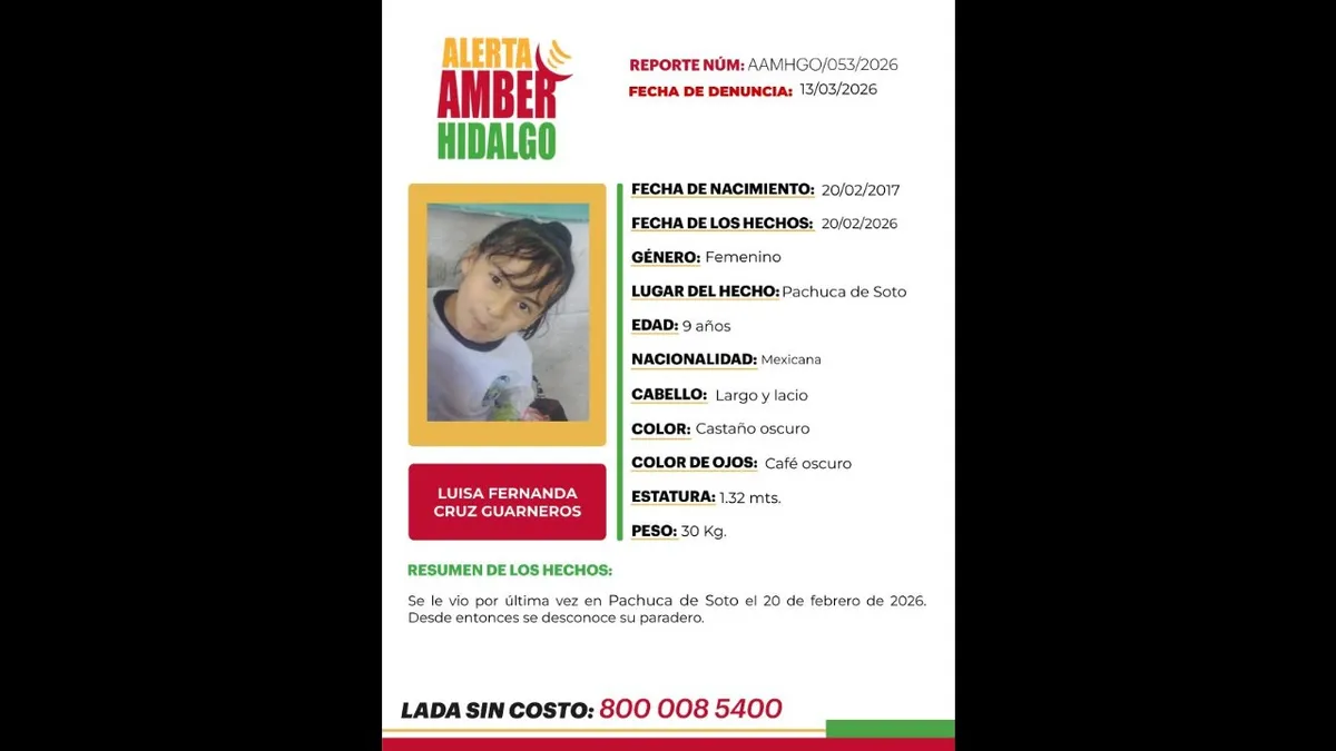 Alerta Amber: se busca a Luisa Fernanda Cruz Guarneros, desaparecida en Pachuca