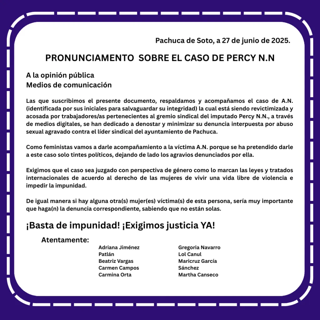 Pachuca: feministas respaldan denuncia contra líder sindical Percy E. B. por abuso sexual