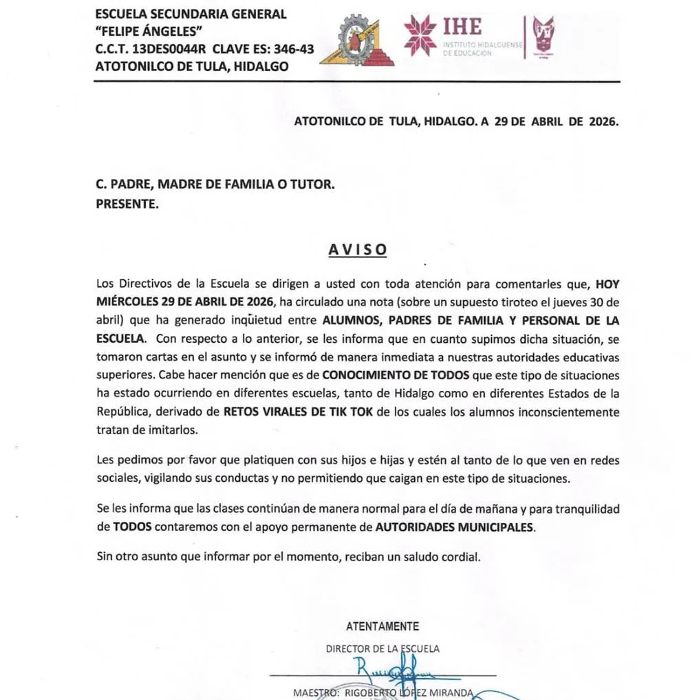 Alerta en secundaria de Atotonilco de Tula por mensaje de posible ataque