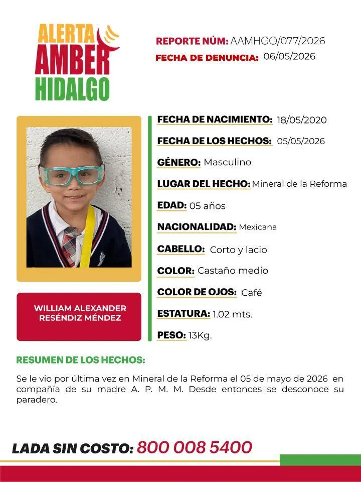 Alerta Amber: Se busca  William Alexander Reséndiz de 5 años visto por última vez en Mineral de la Reforma