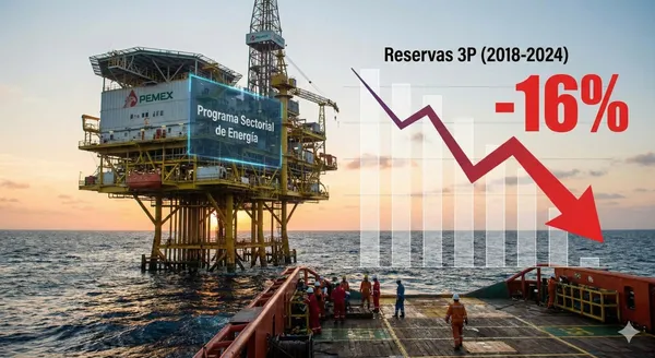 Plataforma de Pemex en altamar, reporte de caída de reservas petroleras Sener