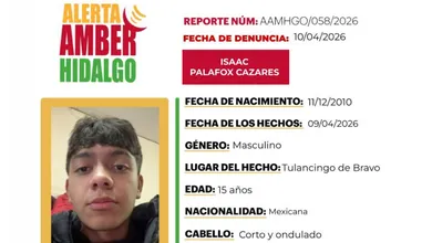 Ficha oficial de búsqueda de Isaac Palafox Cazares, emitida por Alerta Amber Hidalgo tras su desaparición en Tulancingo de Bravo.
