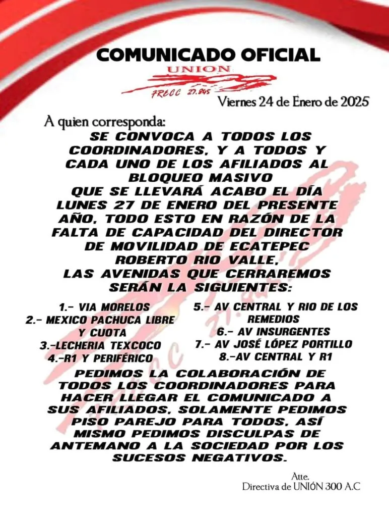Transportistas bloquearán la México-Pachuca el próximo lunes