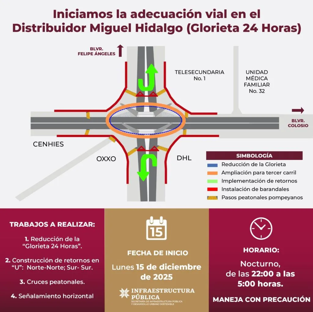 Inician cambios viales en la Glorieta 24 horas de Pachuca