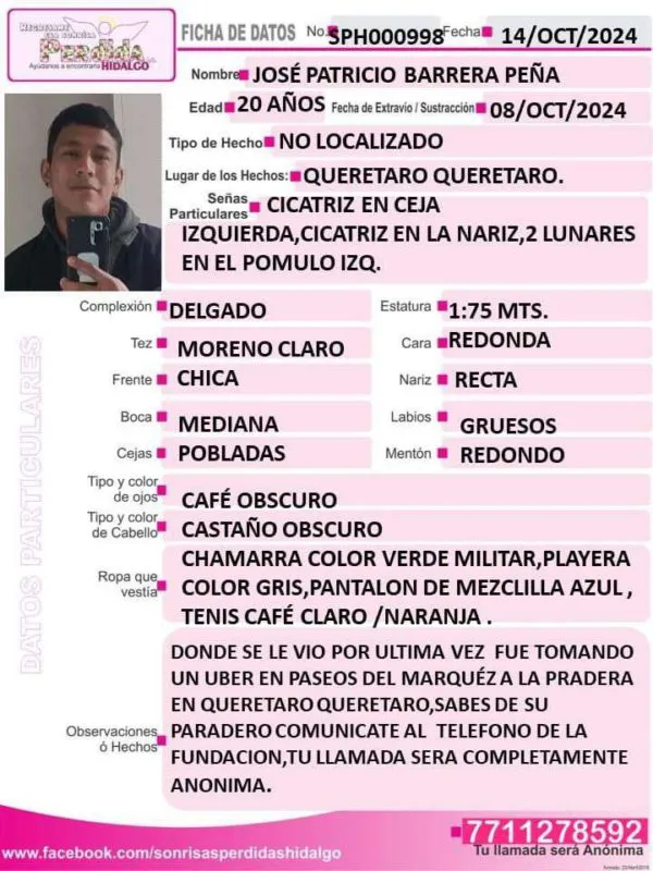 Desaparece joven originario de Progreso de Obregón en Querétaro