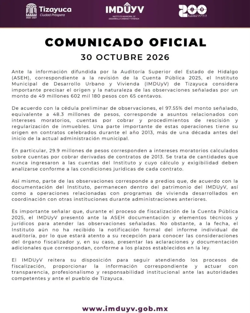 Instituto de Desarrollo Urbano de Tizayuca aclara observaciones de ASEH: 97% son pasivos de 2013
