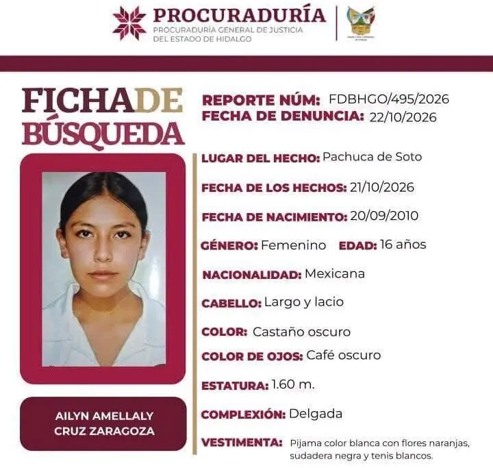 Buscan a Ailyn Amellaly, adolescente de 16 años desaparecida en Pachuca