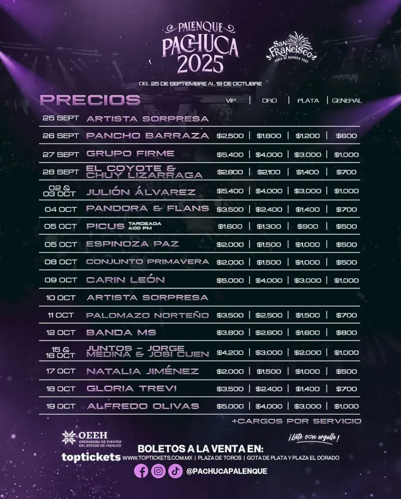 Inicia la venta de boletos para el Palenque de la Feria de Pachuca 2025: cartelera y precios por artista