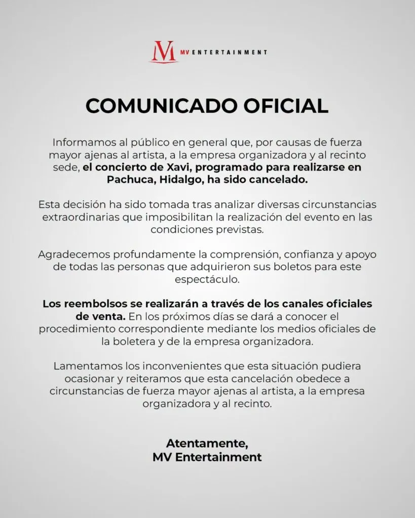 ¡Oficial! Cancelan concierto de Xavi en Pachuca