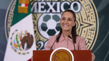 La presidenta Claudia Sheinbaum durante la Mañanera del Pueblo hablando sobre el Mundial 2026.