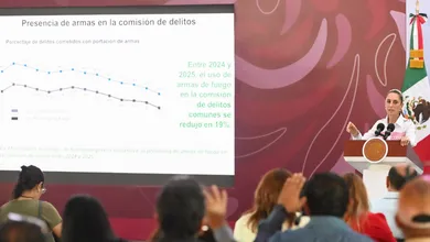 Claudia Sheinbaum durante la conferencia matutina en Tuxtla Gutiérrez, donde presentó cifras sobre homicidios dolosos en Chiapas.