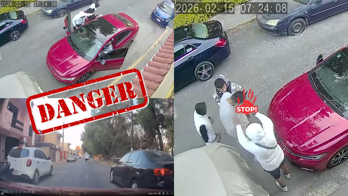 Tres sujetos armados roban auto en Tultitlán, colonia Alborada 1. Una niña estaba dentro y hubo disparos; cámara grabó el momento.