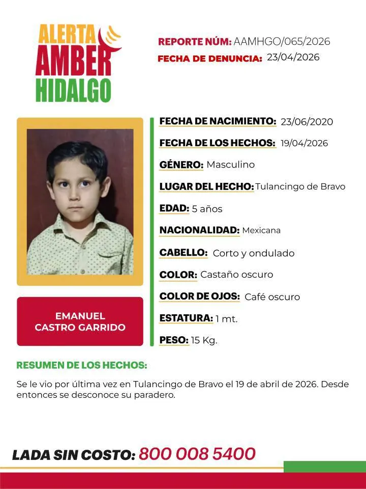 Alerta Amber Hidalgo: se busca a Emanuel Castro Garrido, desaparecido en Tulancingo