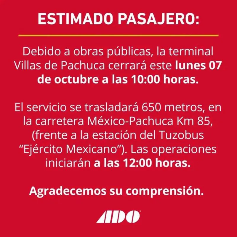 ADO anuncia cierre temporal de la terminal Villas de Pachuca por obras públicas