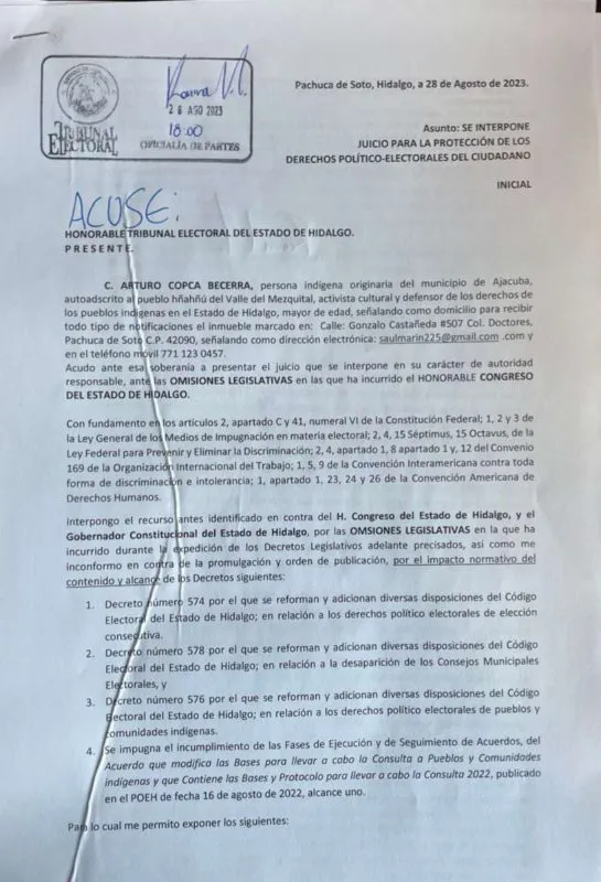 Activista promueve juicio contra reforma electoral en Hidalgo