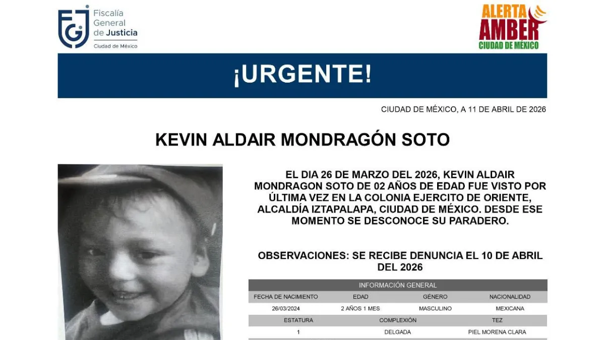 Alerta Amber: Se busca a Kevin Aldair Mondragón Soto, niño de 2 años desaparecido en Iztapalapa, CDMX