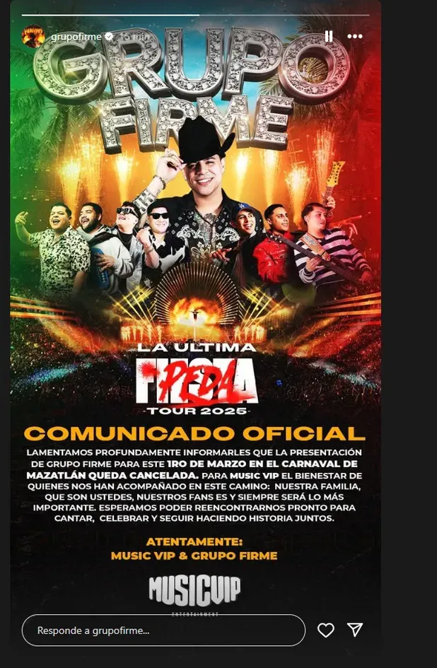 Grupo Firme cancela concierto tras amenaza en narcomanta