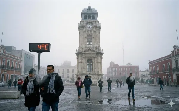 Recreación del Reloj Monumental de Pachuca bajo cielo nublado y ambiente gélido de 4 grados. (Imagen generada con IA)
