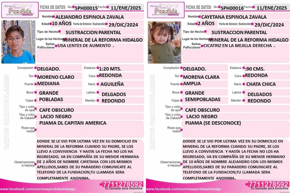 Buscan a Alejandro y Cayetana, sustraídos en Mineral de la Reforma