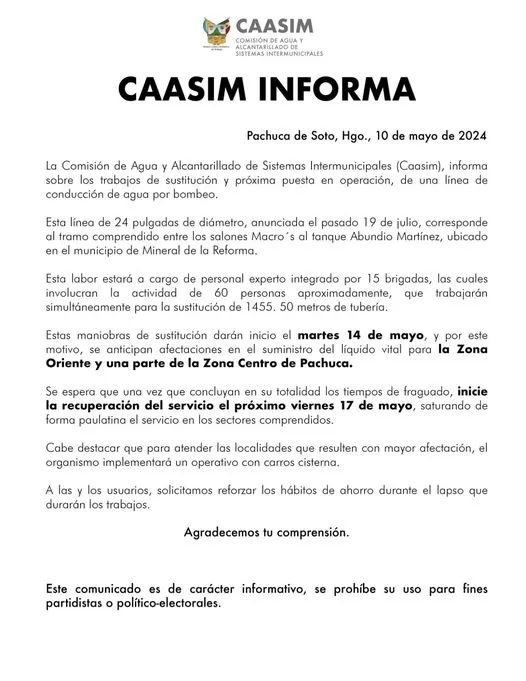 Caasim anuncia cortes de AGUA por varios días para colonias de Pachuca