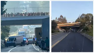 Vehículos detenidos por un bloqueo en la autopista México-Tuxpan, en Acaxochitlán.