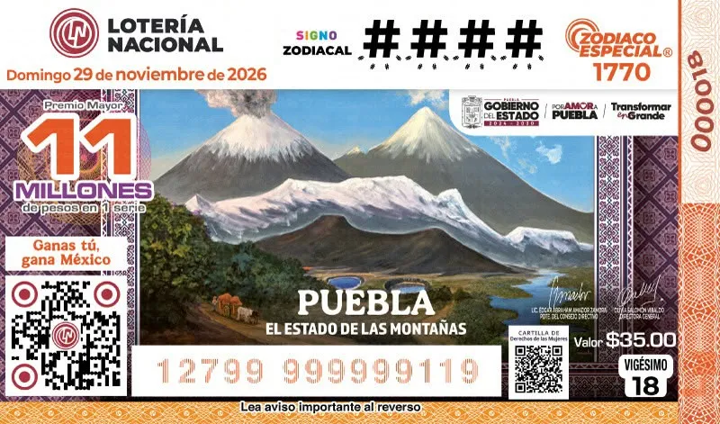 Montañas de Puebla protagonizan nuevo billete de Lotería Nacional