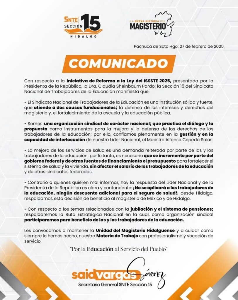 SNTE Hidalgo rompe silencio y se pronuncia sobre reforma a la ley del ISSSTE