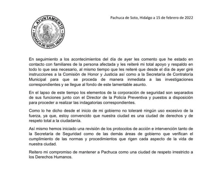 Alcaldía de Pachuca ordena investigación a oficiales por abuso policial