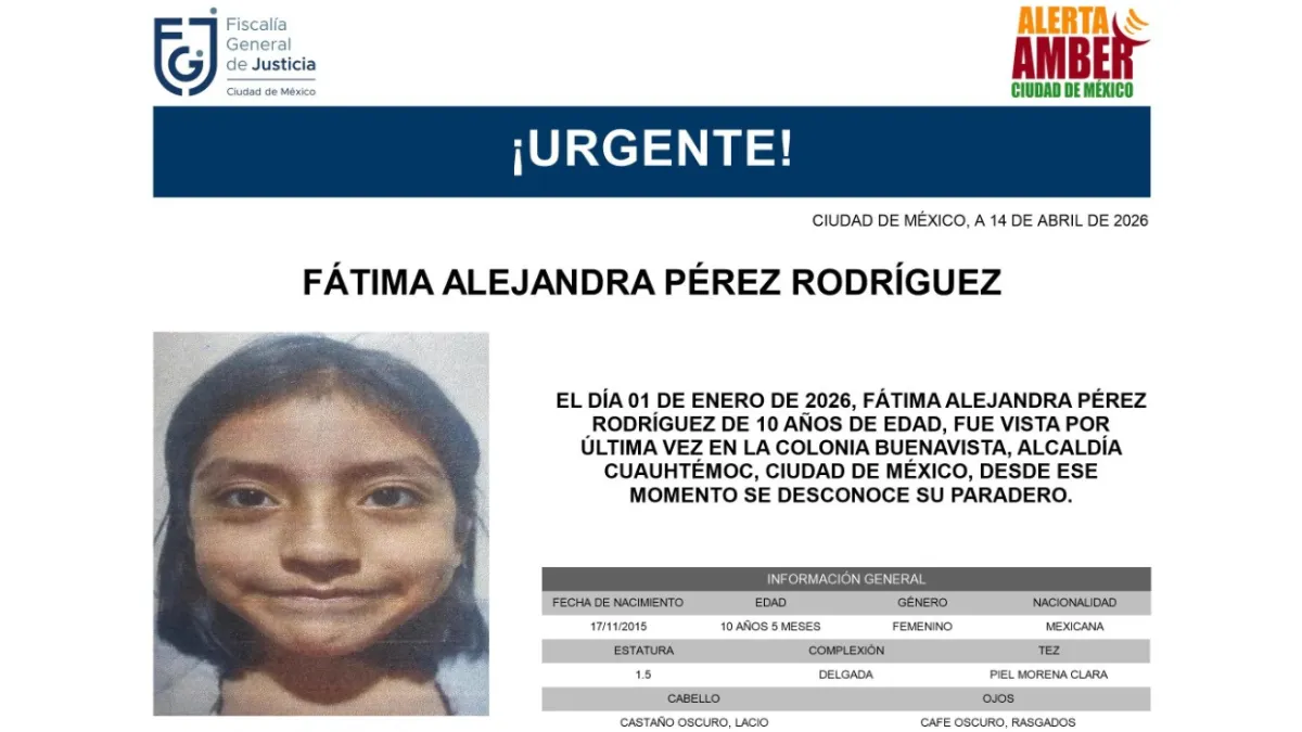 Alerta Amber: Se busca a Fátima Alejandra Pérez Rodríguez, desapareció en la Cuauhtémoc, CDMX