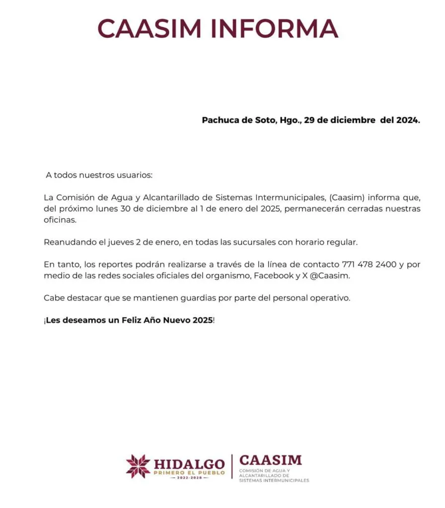 Caasim suspende actividades del 30 de diciembre al 1 de enero