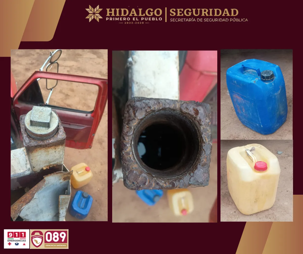 Camioneta asegurada con plataforma doble y garrafones de hidrocarburo