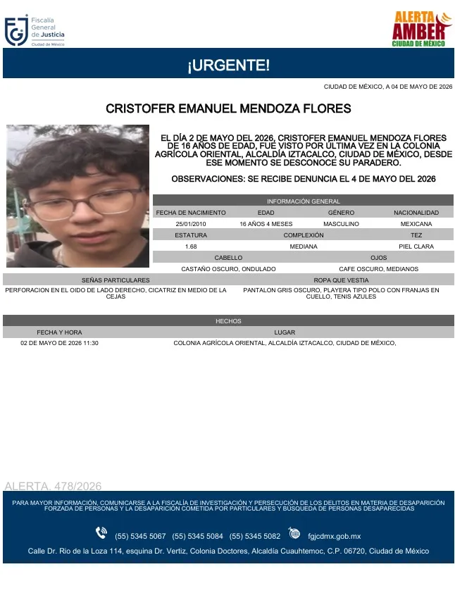 Alerta Amber: Se busca a Cristofer Emanuel Mendoza Flores de 16 años; desapareció en la CDMX