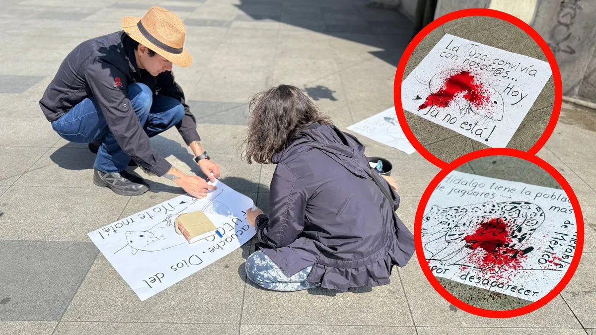 Artistas instalan protesta visual frente al Reloj Monumental de Pachuca por la biodiversidad.