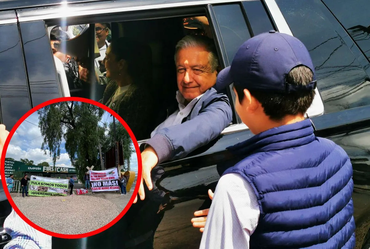 Claudia Sheinbaum y AMLO llegan a Tula; ambientalistas los reciben con manifestación