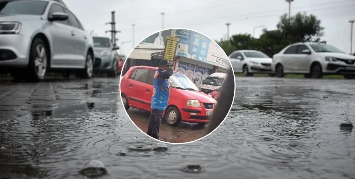 Policía de Mixquiahuala usa costal de croquetas para cubrirse del agua