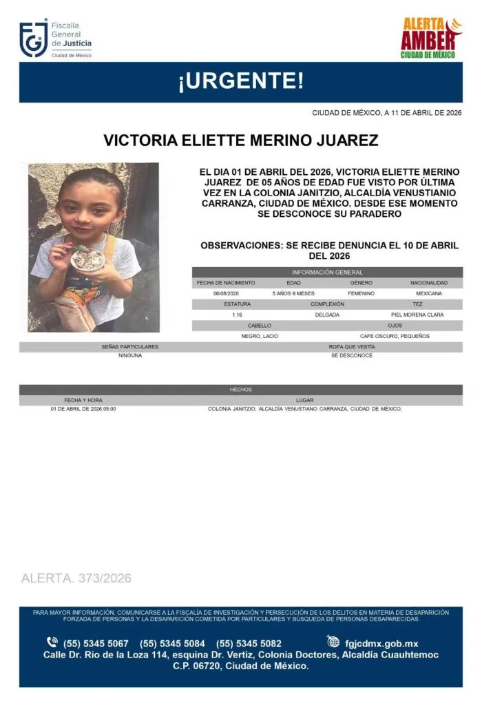 Alerta Amber: Se busca a Victoria Eliette Merino Juárez, niña de 5 años, desaparecida en CDMX