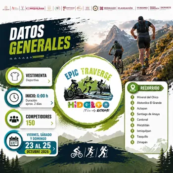 Atletas de ciclismo de montaña y deportes de aventura durante una competencia en paisajes naturales de Hidalgo.