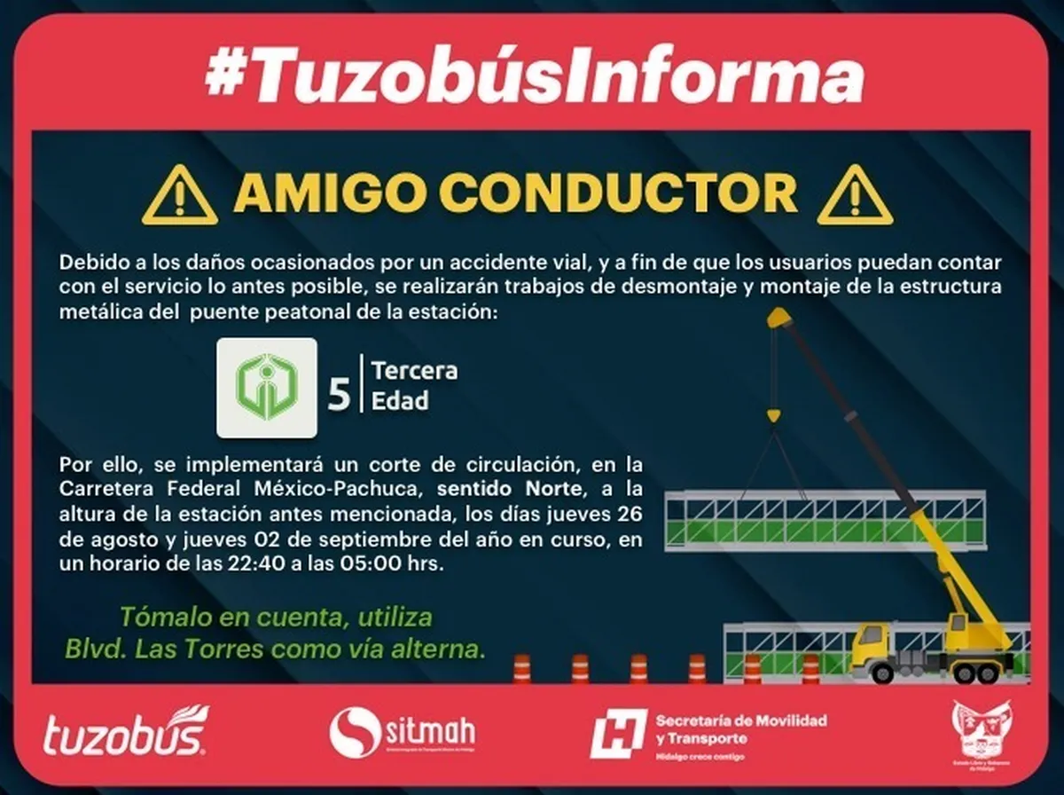 Habrá cierre vial nocturno el 26 y 27 de agosto por obras en Pachuca