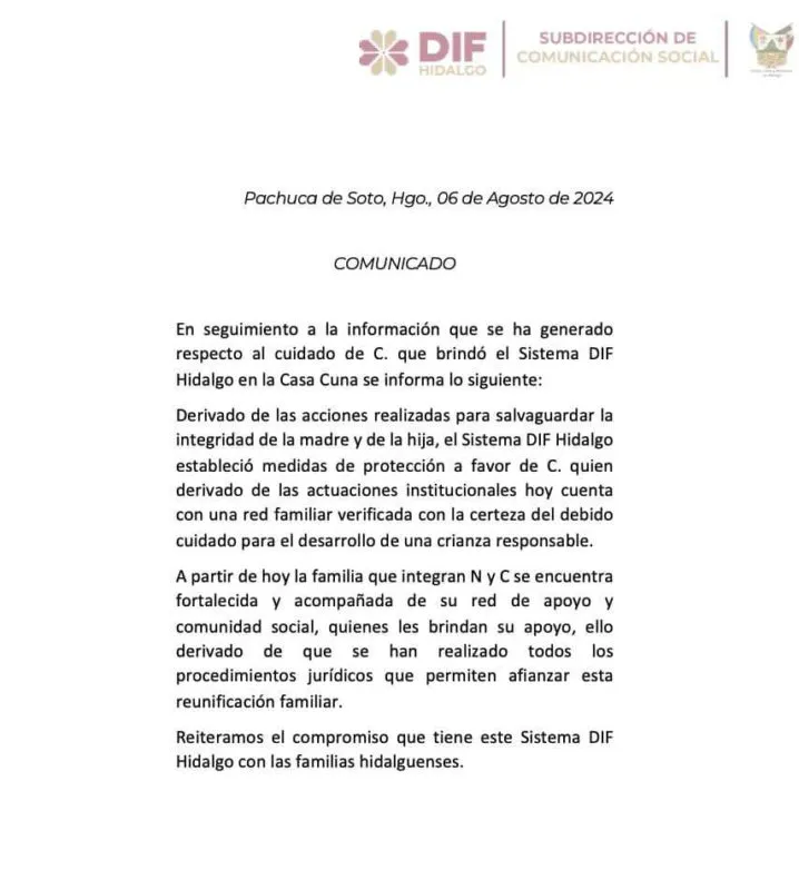 DIF Hidalgo reúne a madre e hija tras implementar medidas de protección