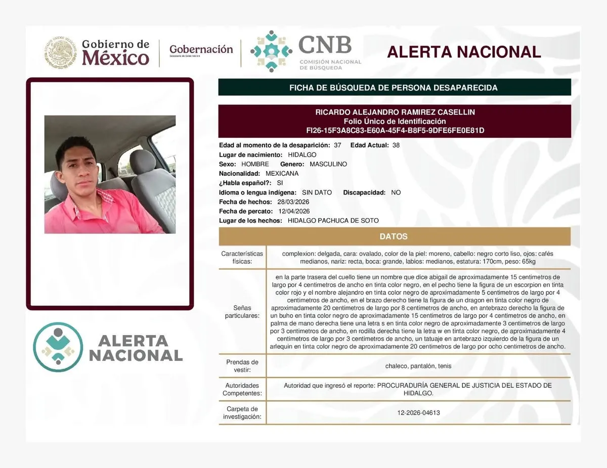 Alerta Nacional de Búsqueda en favor de Ricardo Ramírez Casellin