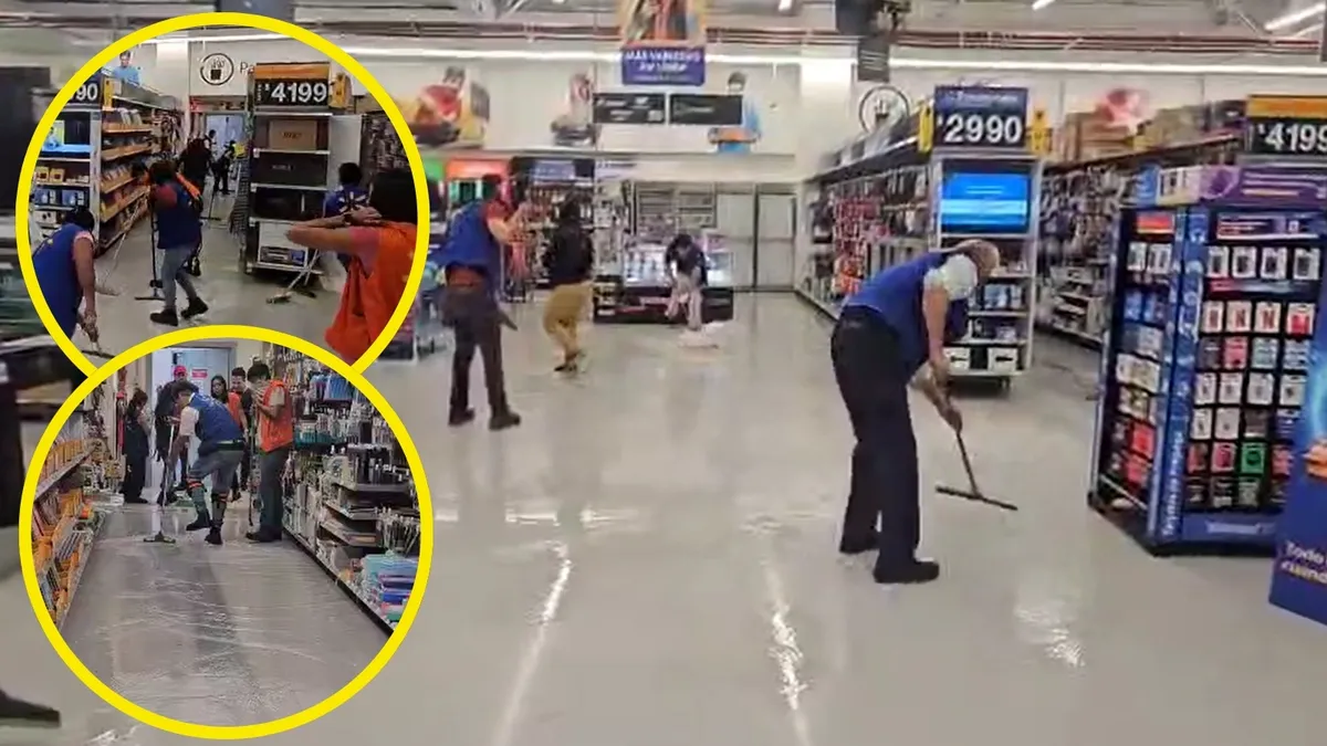 Inundación en Walmart Gran Patio Pachuca tras fuertes lluvias.