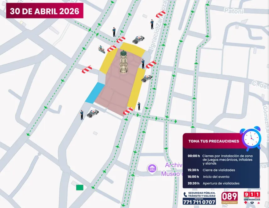 Cierres viales en Plaza Independencia de Pachuca por festejo del Día de la Niña y el Niño 2026